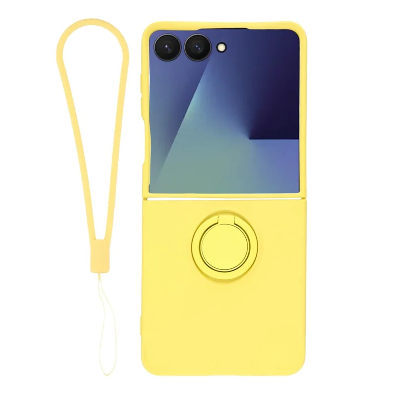 For Samsung Galaxy Z Flip7 5G Silicone Case with Strap Ring Kickstand Phone Cover - Yellow