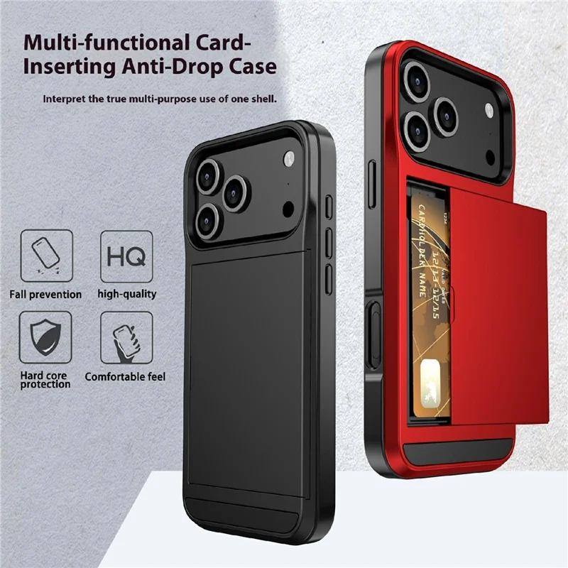 For iPhone 17 Pro Max Case with Sliding Card Holder PC + TPU Phone Back Cover - Black