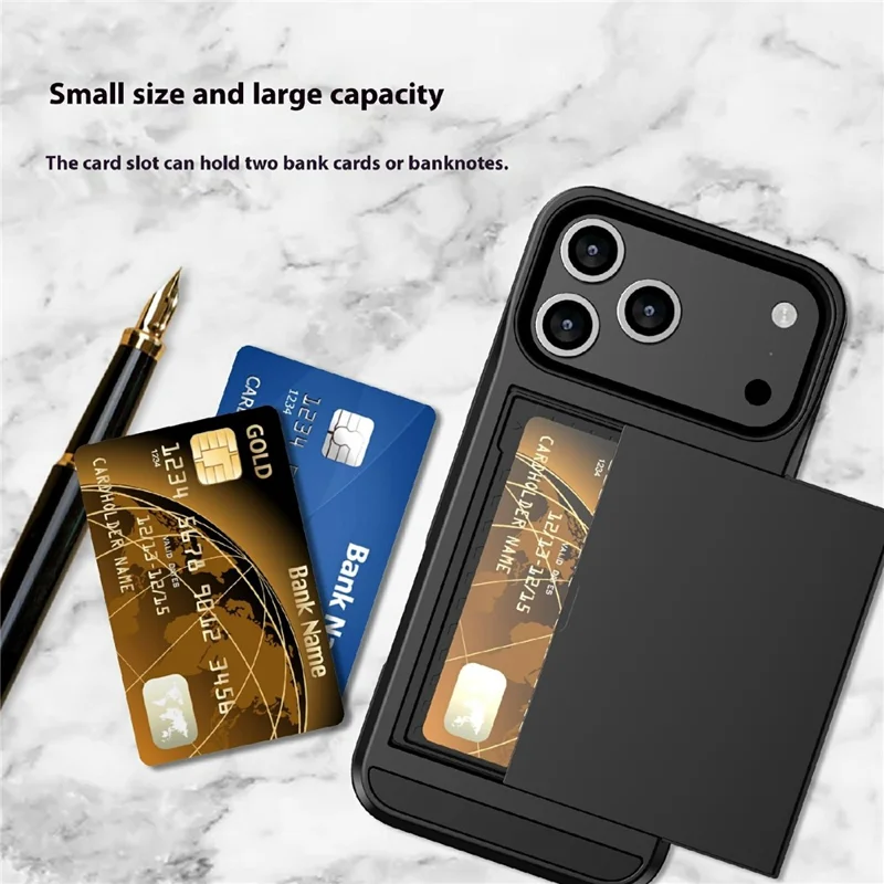 For iPhone 17 Pro Max Case with Sliding Card Holder PC + TPU Phone Back Cover - Black