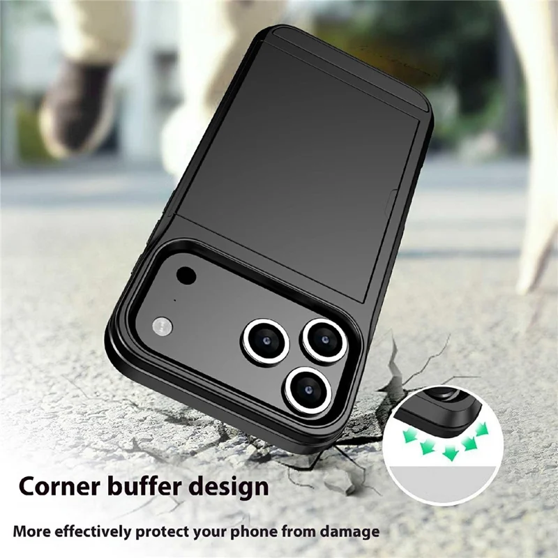 For iPhone 17 Pro Max Case with Sliding Card Holder PC + TPU Phone Back Cover - Black