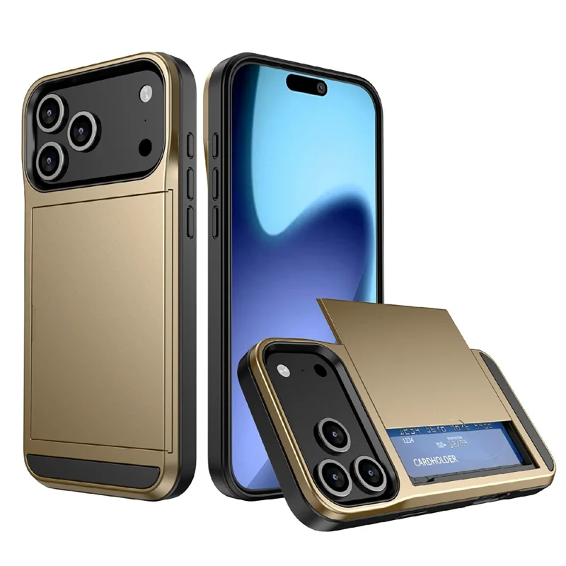 For iPhone 17 Pro Max Case with Sliding Card Holder PC + TPU Phone Back Cover - Gold