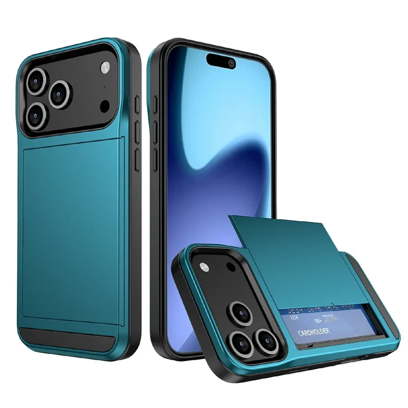 For iPhone 17 Pro Max Case with Sliding Card Holder PC + TPU Phone Back Cover - Sky Blue