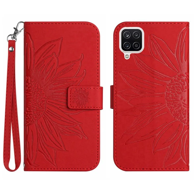 Pour Samsung Galaxy A22 4G (version Ue) HT04 Skin-Touch Flip Portefeuille Cover Imprimé de Coque de Téléphone à Protection Complète Imprimé Avec Sangle à Main - Rouge