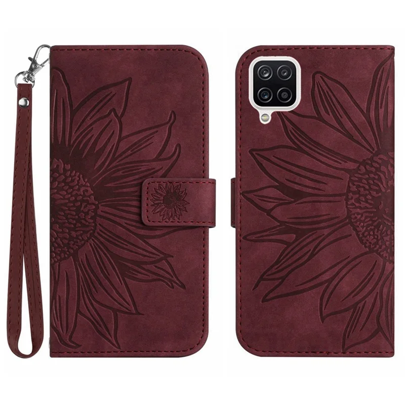 For Samsung Galaxy A22 4G (EU Version) HT04 Skin-Touch Flip Wallet Cover Imprinted Sunflower Full Protection Phone Case Stand with Hand Strap - Wine Red