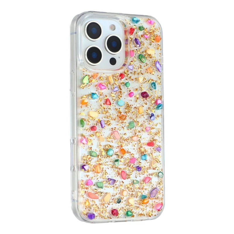 JAUCASE For iPhone 16 Pro Case Natural Colorful Stone Epoxy TPU PC Phone Back Cover - Gold