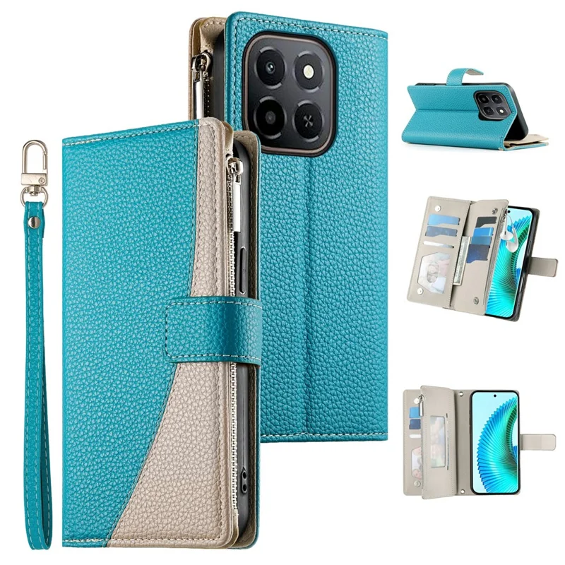 Capa para Honor X6c 4G / X5b / X5b Plus Carteira com Zíper, Divisão de Cores em Couro, Flip para Celular com Alças - Azul Lago