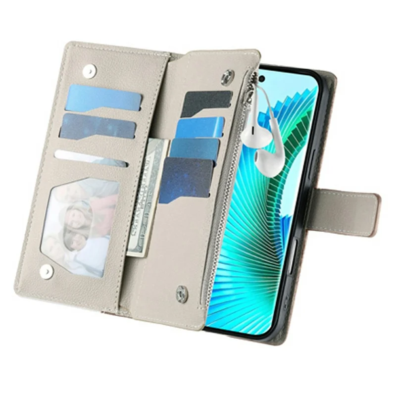 Capa para Honor X6c 4G / X5b / X5b Plus Carteira com Zíper, Divisão de Cores em Couro, Flip para Celular com Alças - Azul Lago