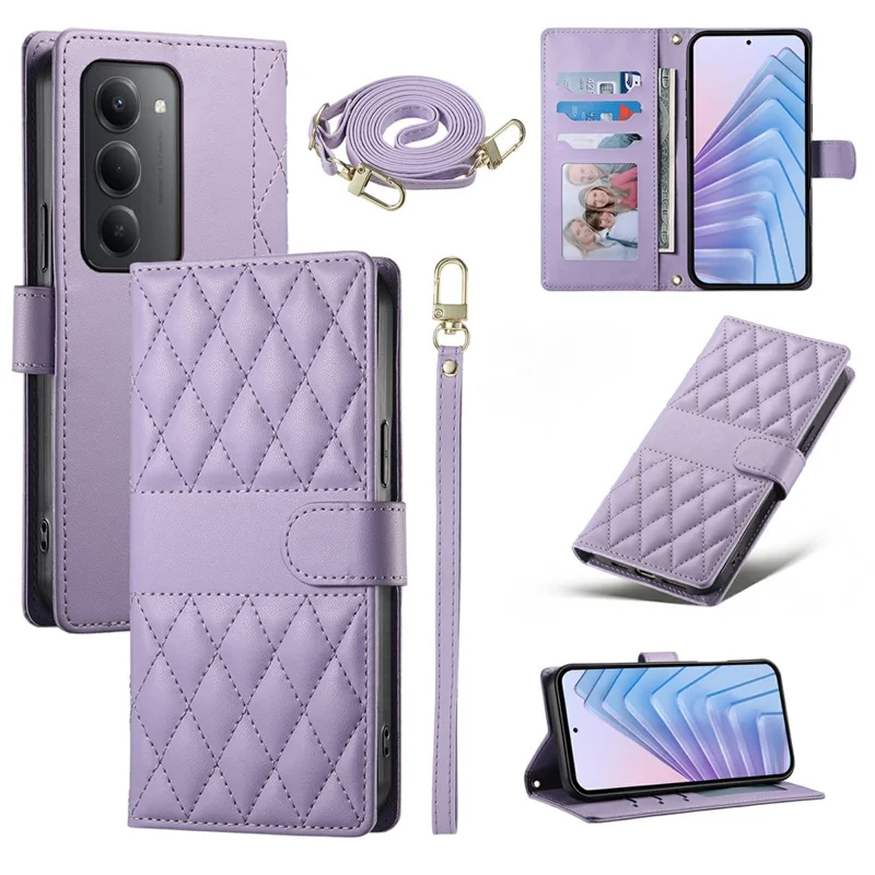 Custodia per Xiaomi Redmi 15 5G, Pelle con Cucitura a Rombo, Portafoglio e Supporto, con Cinturino Lungo/Corto - Viola