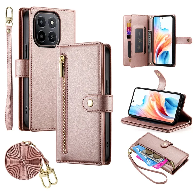 Leather Case For Honor X6c 4G  /  X5b  /  X5b Plus Zipper Pocket Wallet Phone Cover with Straps - Pink