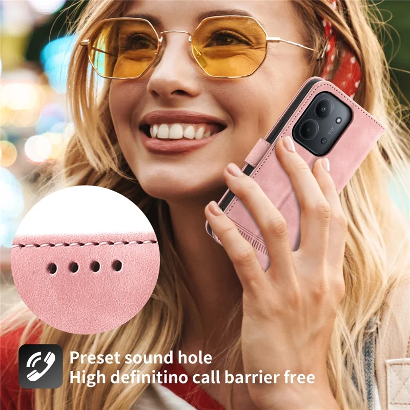 DIERFENG DF-03 Pour Xiaomi Redmi 15C 5G (UE) (173 mm) / 4G (UE) (173 mm) Étui Portefeuille en Cuir avec Motif de Lignes et Dragonne - Rose