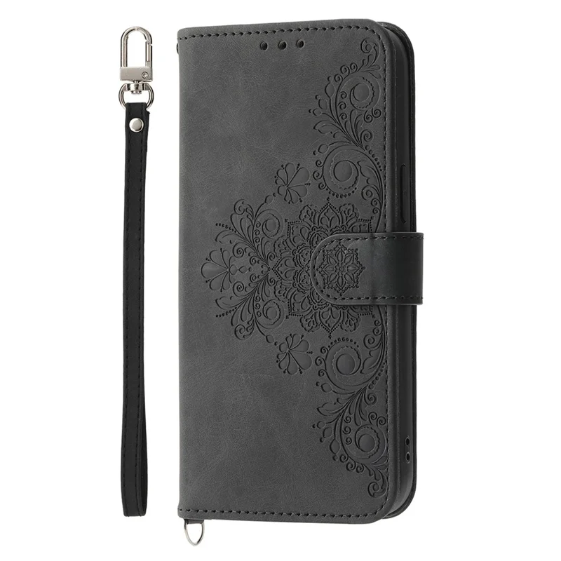 For Realme 15 Pro 5G / 15 5G Case Flower Pattern PU Leather Wallet Phone Cover with Strap - Black