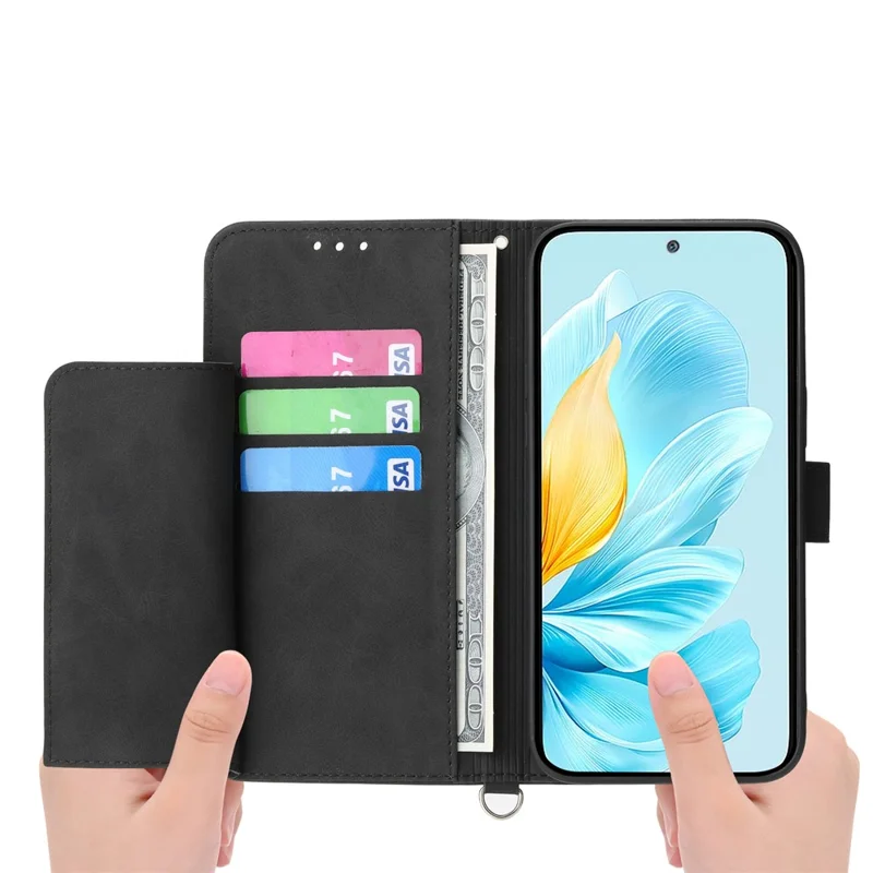 For Realme 15 Pro 5G / 15 5G Case Flower Pattern PU Leather Wallet Phone Cover with Strap - Black