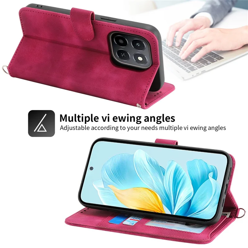 Phone Case for Honor X6c 4G / X5b / X5b Plus Flower Pattern PU Leather Wallet Cover with Strap - Wine Red