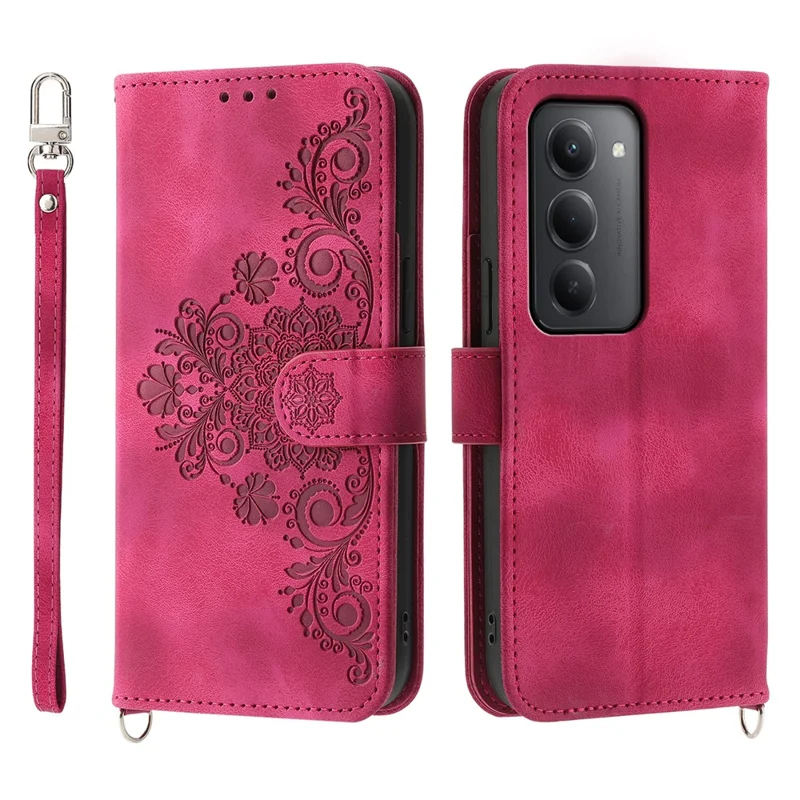 Für Xiaomi Redmi 15 5G Hülle Blumenmuster PU Leder Brieftasche Handyhülle mit Trageriemen - Weinrot