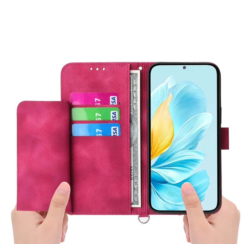 Für Xiaomi Redmi 15 5G Hülle Blumenmuster PU Leder Brieftasche Handyhülle mit Trageriemen - Weinrot