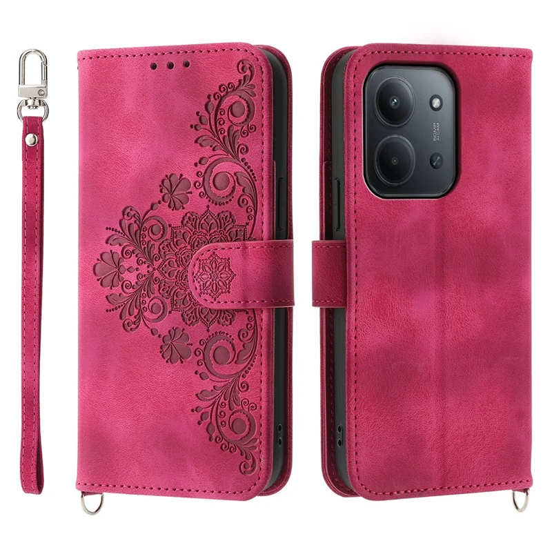 For Xiaomi Redmi 15C 4G (EU) (173mm) / 15C 5G (EU) (173mm) / Poco C85 4G (173mm) Case Flower Pattern PU Leather Wallet Cover with Strap - Wine Red