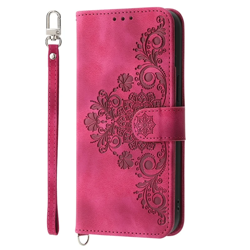 For Xiaomi Redmi 15C 4G (EU) (173mm) / 15C 5G (EU) (173mm) / Poco C85 4G (173mm) Case Flower Pattern PU Leather Wallet Cover with Strap - Wine Red