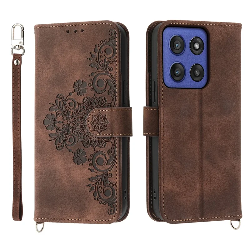 For Motorola Moto G56 5G Case Flower Pattern PU Leather Wallet Phone Cover with Strap - Brown