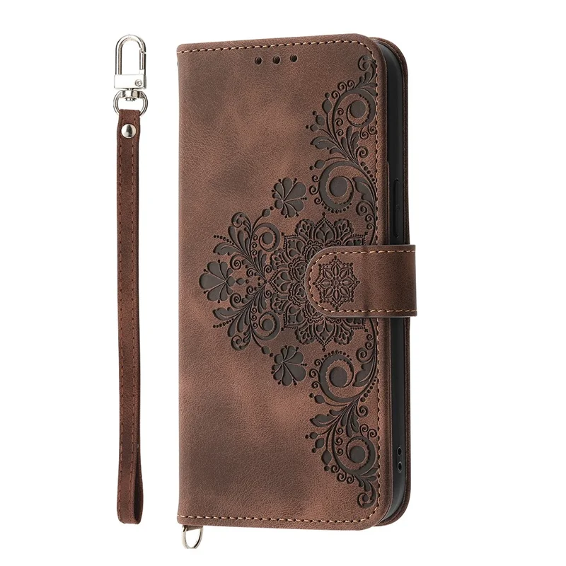 For Motorola Moto G56 5G Case Flower Pattern PU Leather Wallet Phone Cover with Strap - Brown