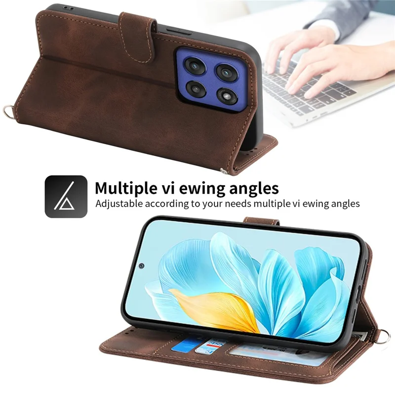 For Motorola Moto G56 5G Case Flower Pattern PU Leather Wallet Phone Cover with Strap - Brown