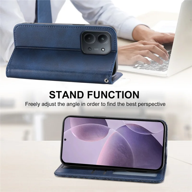 Capa para Xiaomi Redmi 15C 4G (Global) (171mm) / Poco C85 4G com Textura de Couro de Bezerro, Carteira de Couro PU com Alça de Pulso - Azul