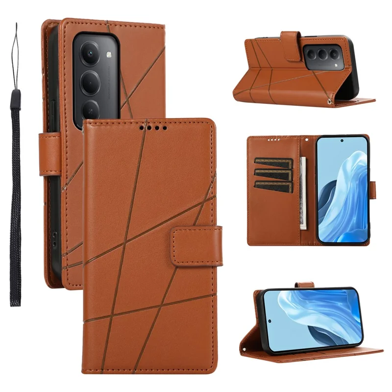 Чехол для Xiaomi Redmi 15 5G с отпечатком линии, кожаный кошелек с ремешком на запястье - Коричневый