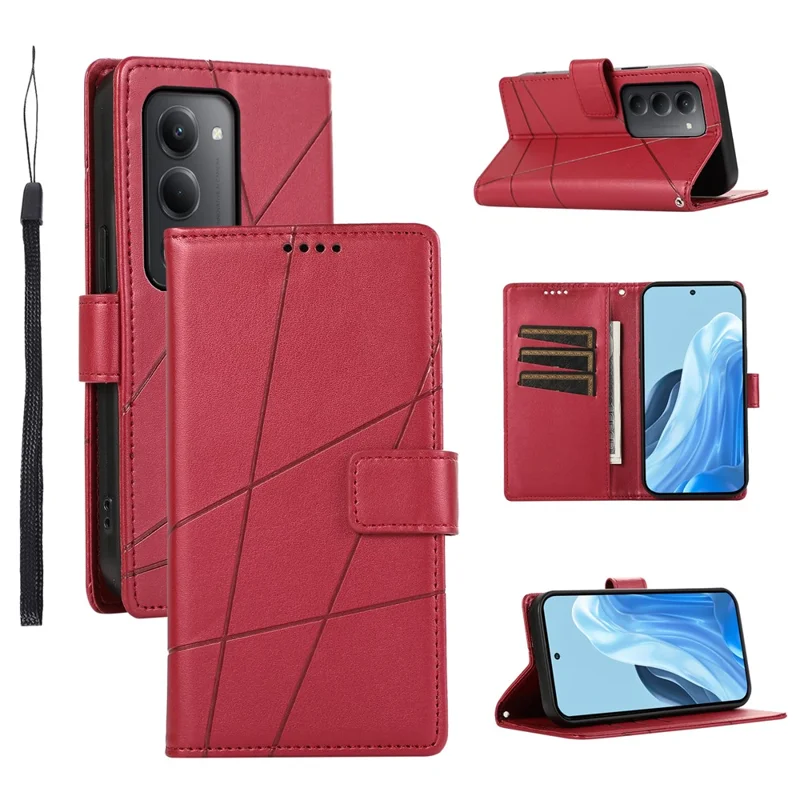 Til Xiaomi Redmi 15 5G (Global) (169 mm) telefonbeskyttelse med linjepræget lærredslomme med håndledsrem - Rød