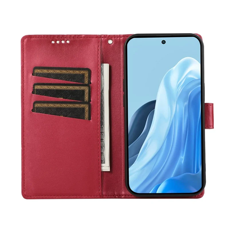 Til Xiaomi Redmi 15 5G (Global) (169 mm) telefonbeskyttelse med linjepræget lærredslomme med håndledsrem - Rød