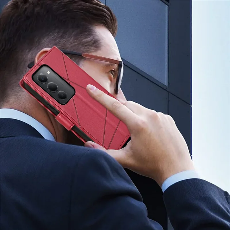 Til Xiaomi Redmi 15 5G (Global) (169 mm) telefonbeskyttelse med linjepræget lærredslomme med håndledsrem - Rød