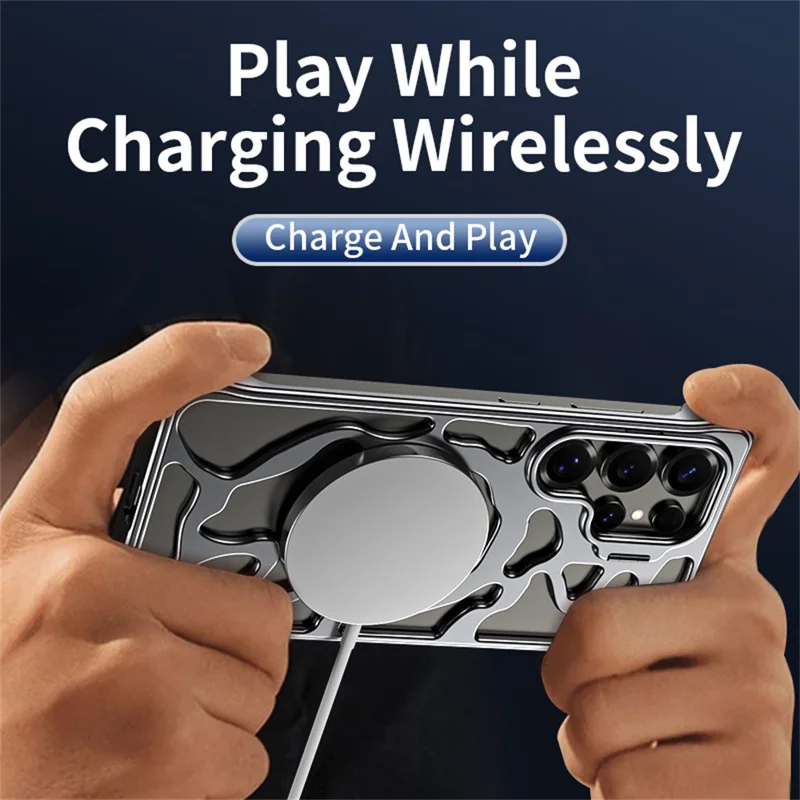Auspicious Cloud Series For Samsung Galaxy S24 Ultra Hollow Case Aluminum Alloy Kickstand Magnetic Phone Cover - Silver