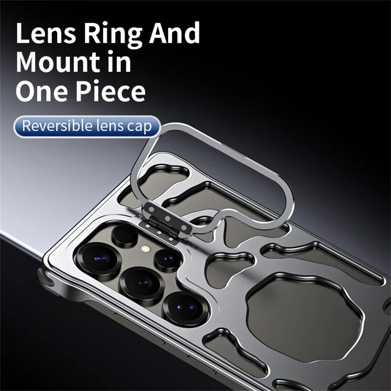 Auspicious Cloud Series For Samsung Galaxy S24 Ultra Hollow Case Aluminum Alloy Kickstand Magnetic Phone Cover - Silver