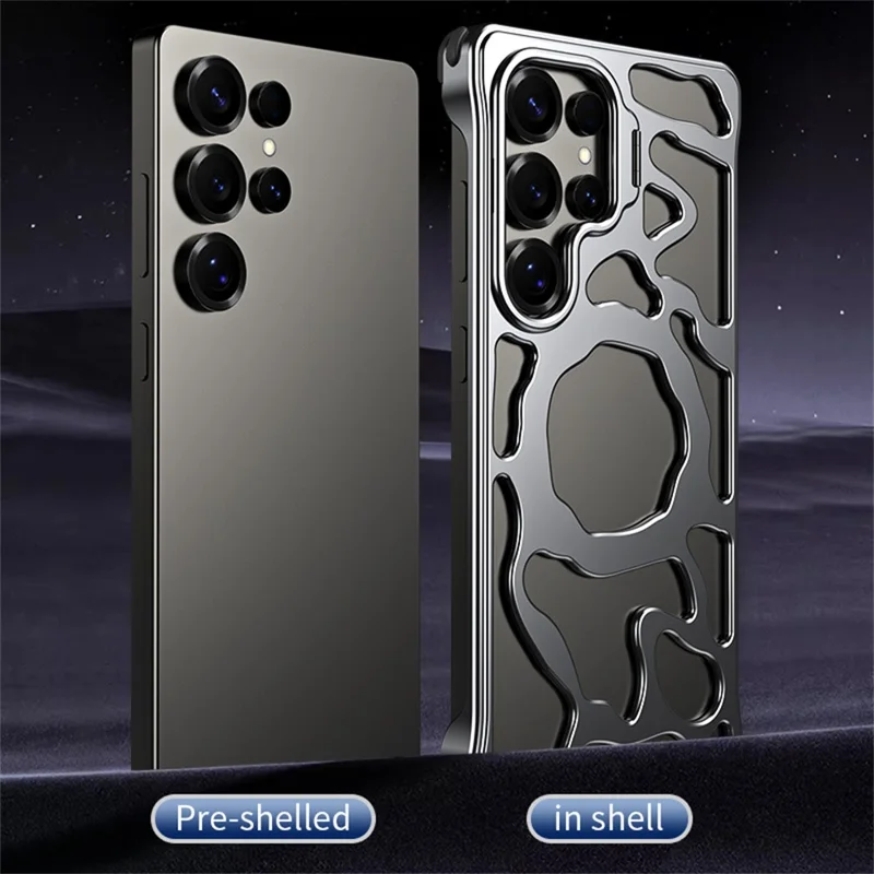 Auspicious Cloud Series For Samsung Galaxy S24 Ultra Hollow Case Aluminum Alloy Kickstand Magnetic Phone Cover - Grey