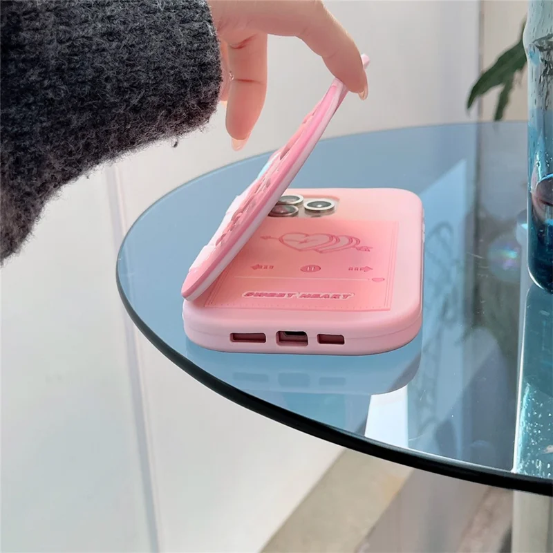 For iPhone 16 Pro Max Silicone Case Cute Flip Mirror Kickstand Shockproof Phone Back Cover