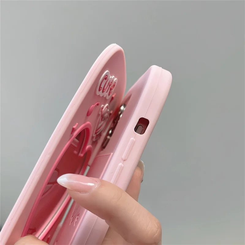 For iPhone 16 Pro Max Silicone Case Cute Flip Mirror Kickstand Shockproof Phone Back Cover
