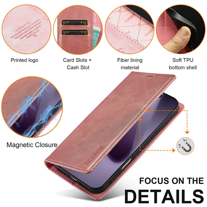 LC.IMEEKE For iPhone 17 Pro Case Wallet Microfiber Leather Phone Cover - Rose Gold