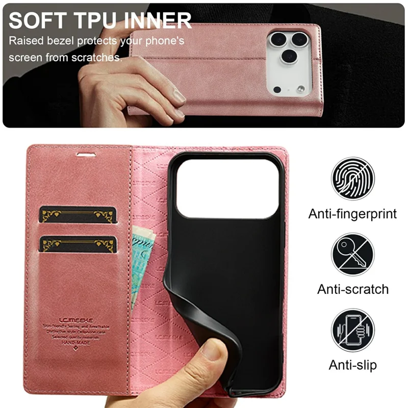 LC.IMEEKE For iPhone 17 Pro Max Case Wallet Microfiber Leather Phone Cover - Rose Gold