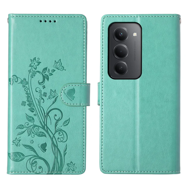 Xiaomi Redmi 15 5G Wallet Hülle Schmetterling Blumenmuster PU Leder Handyhülle mit Handschlaufe - Grün
