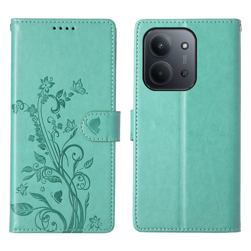 Capa de Telefone de Couro PU com Estampa de Borboleta Floral e Alça de Pulso para Xiaomi Redmi 15C 4G (Global) (171mm) / Poco C85 4G - Verde