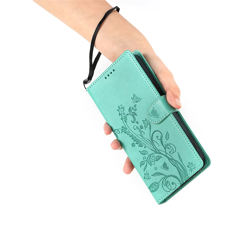 Capa de Telefone de Couro PU com Estampa de Borboleta Floral e Alça de Pulso para Xiaomi Redmi 15C 4G (Global) (171mm) / Poco C85 4G - Verde