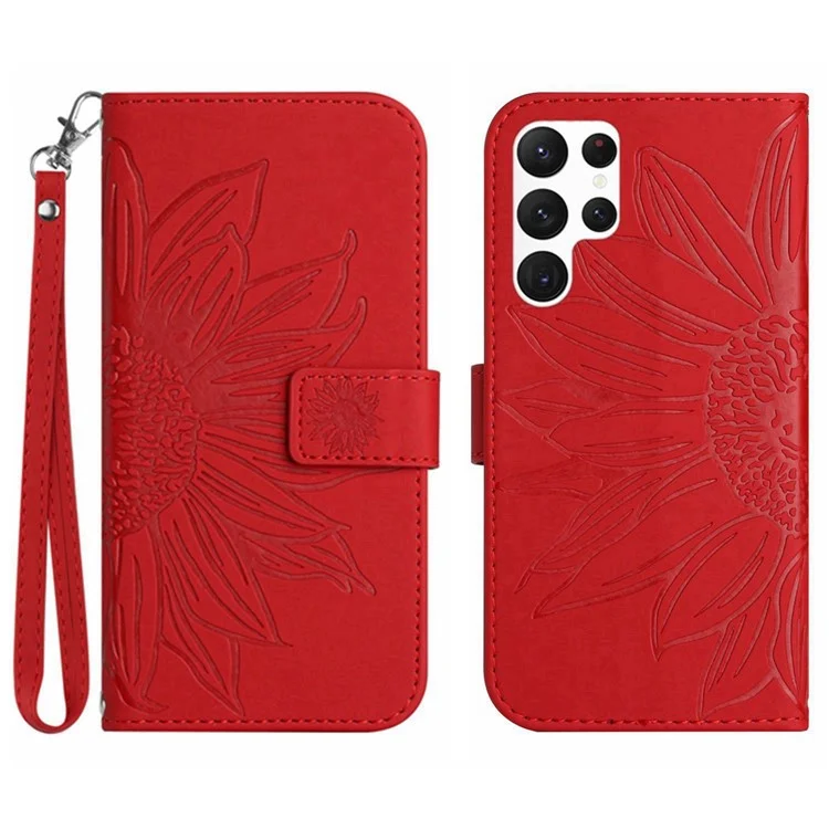 PU Leather Phone Case For Samsung Galaxy S22 Ultra 5G, HT04 Imprinted Sunflower Skin-Touch Stand Magnetic Closure Anti-drop Phone Wallet Cover with Strap - Red