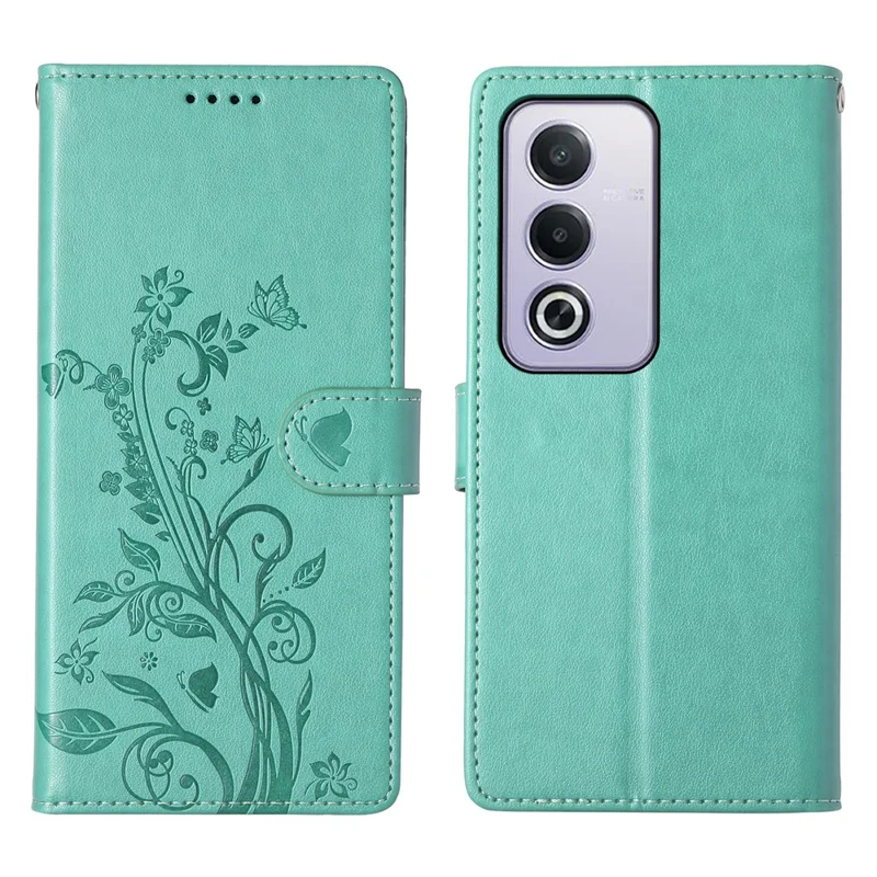 Für Oppo A5 5G / A5i Pro 4G Brieftasche Hülle Schmetterling Blumen Prägung PU Leder Handyhülle mit Handschlaufe - Grün