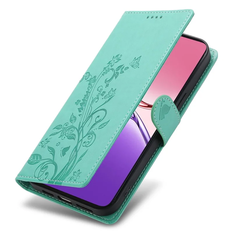 Für Oppo A5 5G / A5i Pro 4G Brieftasche Hülle Schmetterling Blumen Prägung PU Leder Handyhülle mit Handschlaufe - Grün