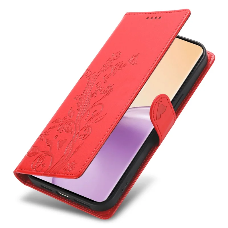 Capa de Telefone de Couro PU com Estampa Floral de Borboleta e Alça de Pulso para Oppo Reno14 F 5G - Vermelho
