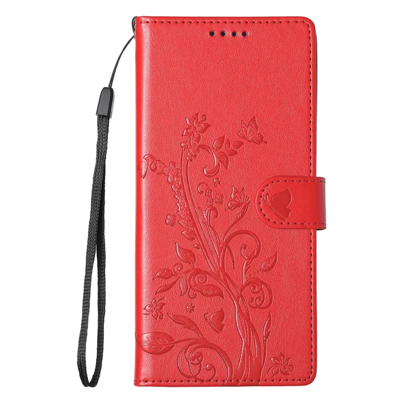 Capa de Telefone de Couro PU com Estampa Floral de Borboleta e Alça de Pulso para Oppo Reno14 F 5G - Vermelho