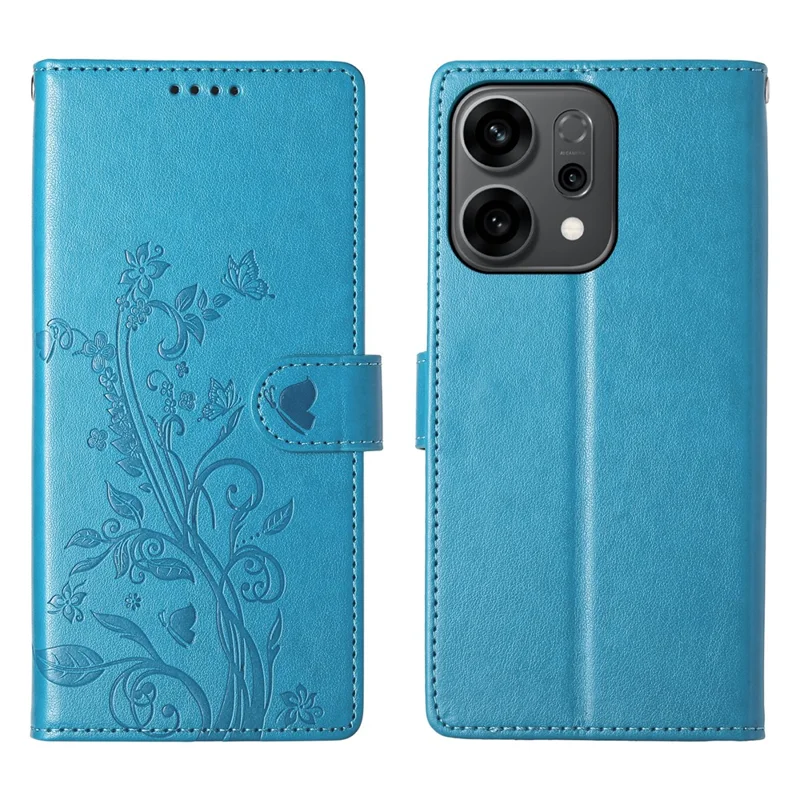 For Oppo Reno14 F 5G Wallet Case Butterfly Floral Imprint PU Leather Phone Cover with Wrist Strap - Blue