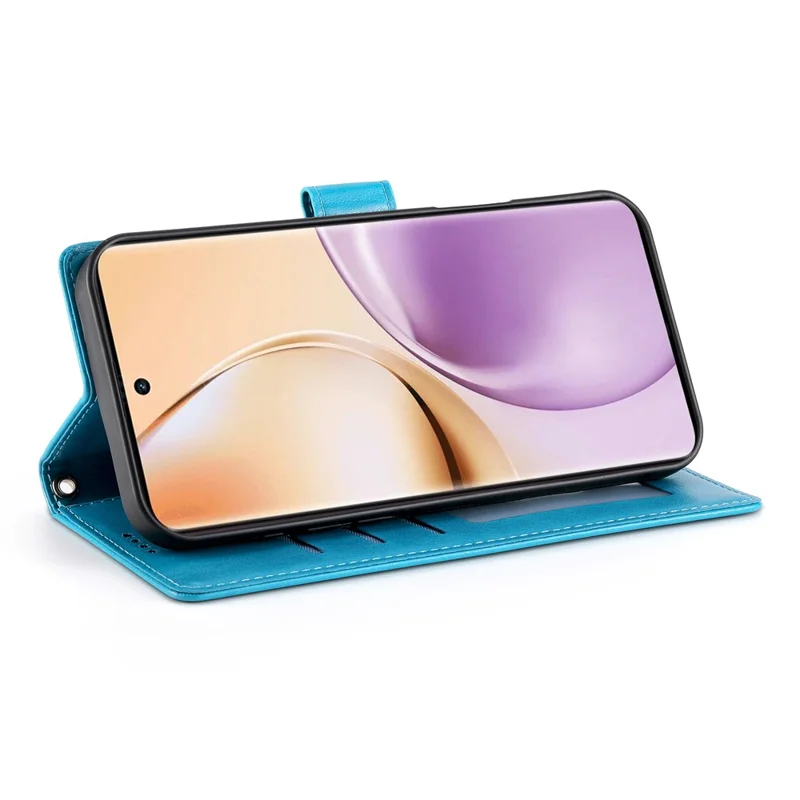 For Oppo Reno14 F 5G Wallet Case Butterfly Floral Imprint PU Leather Phone Cover with Wrist Strap - Blue
