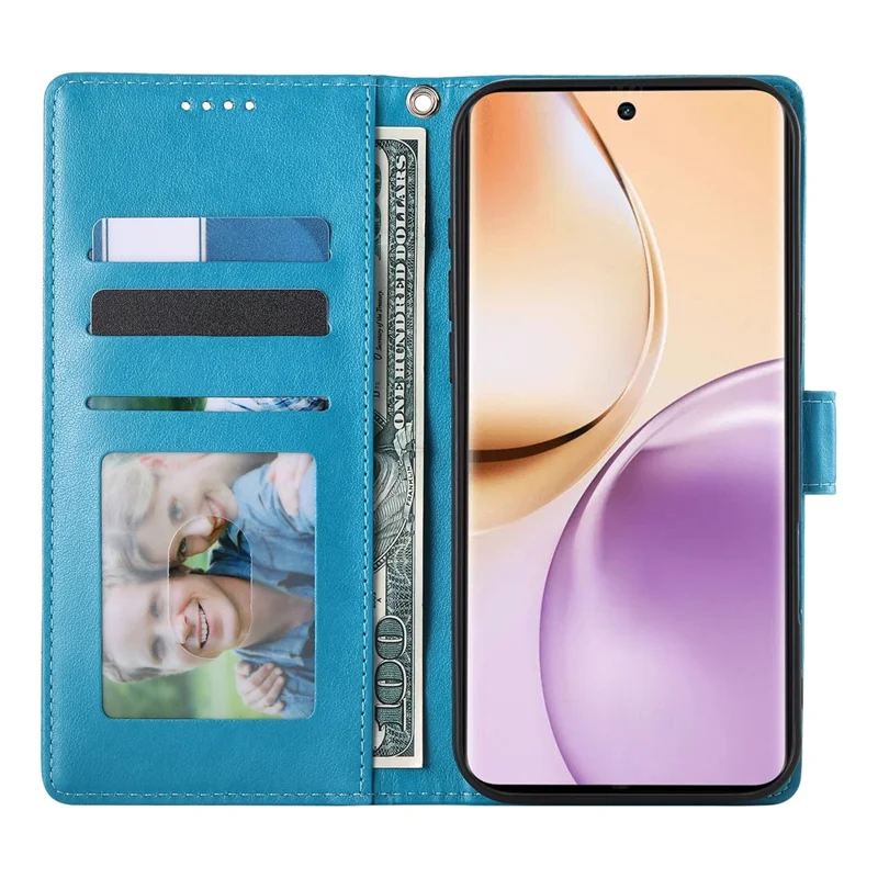 For Oppo Reno14 F 5G Wallet Case Butterfly Floral Imprint PU Leather Phone Cover with Wrist Strap - Blue