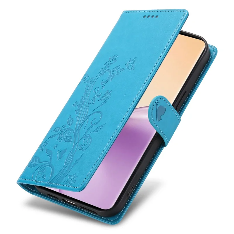 For Oppo Reno14 F 5G Wallet Case Butterfly Floral Imprint PU Leather Phone Cover with Wrist Strap - Blue