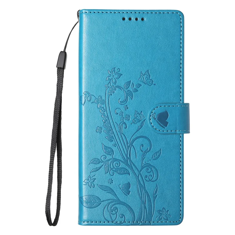For Oppo Reno14 F 5G Wallet Case Butterfly Floral Imprint PU Leather Phone Cover with Wrist Strap - Blue