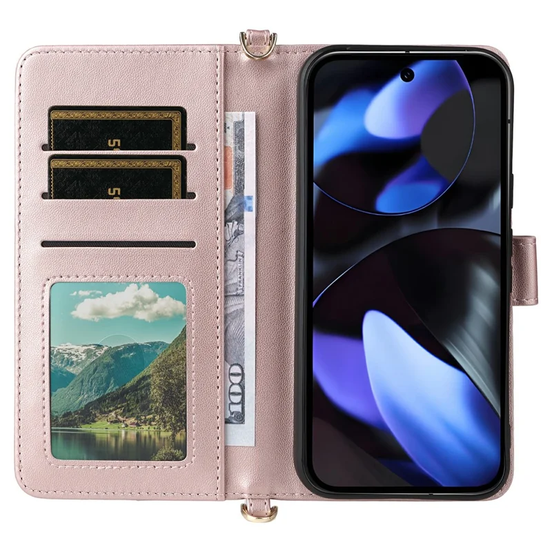 Étui pour Google Pixel 10 / 10 Pro avec Sangle d'Épaule / Poignet Housse en Cuir Support et Portefeuille - Rose